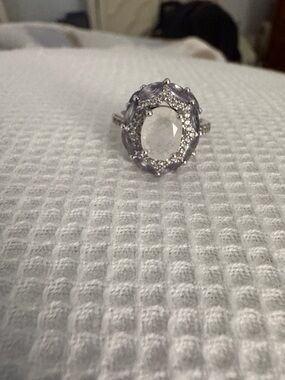 Sterling Silver Moonstone Halo Ring with Light Amethyst Accents